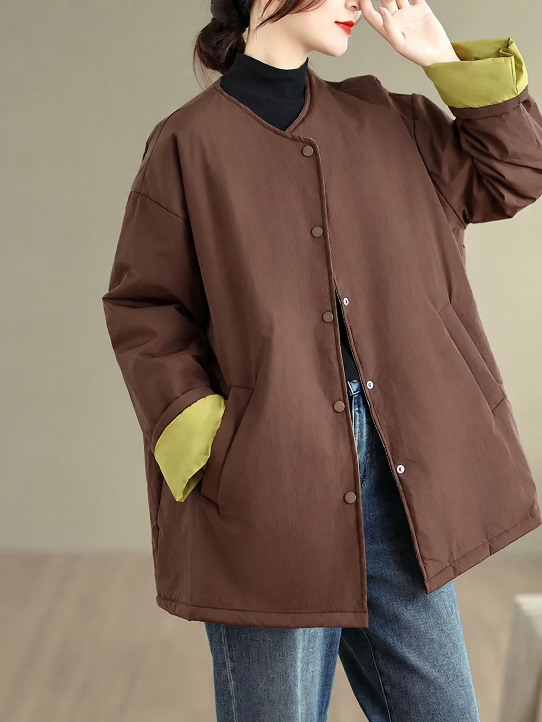 Quilted Padded Coat with Contrast Cuffs and Round Neck