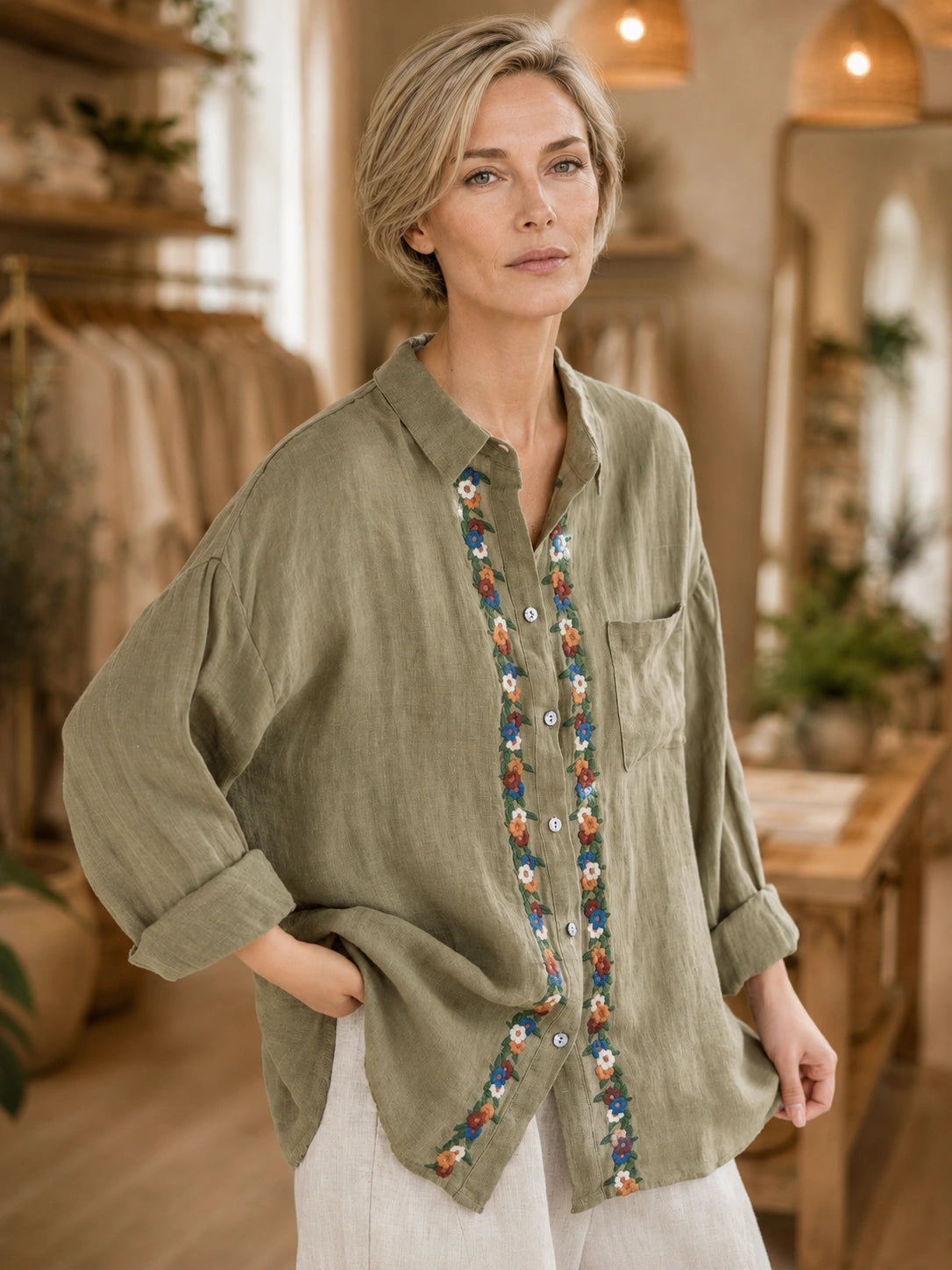Relaxed 100% Linen Shirt with Dimensional Floral Embroidery