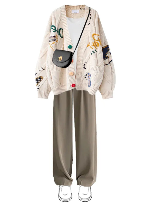 Cable Knit Cardigan High Waist Suit Pants Long Sleeve Shirt