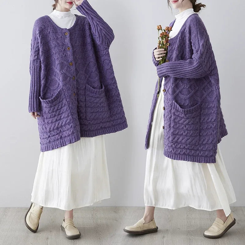 Cable-Knit Oversized Cardigan with Patch Pockets