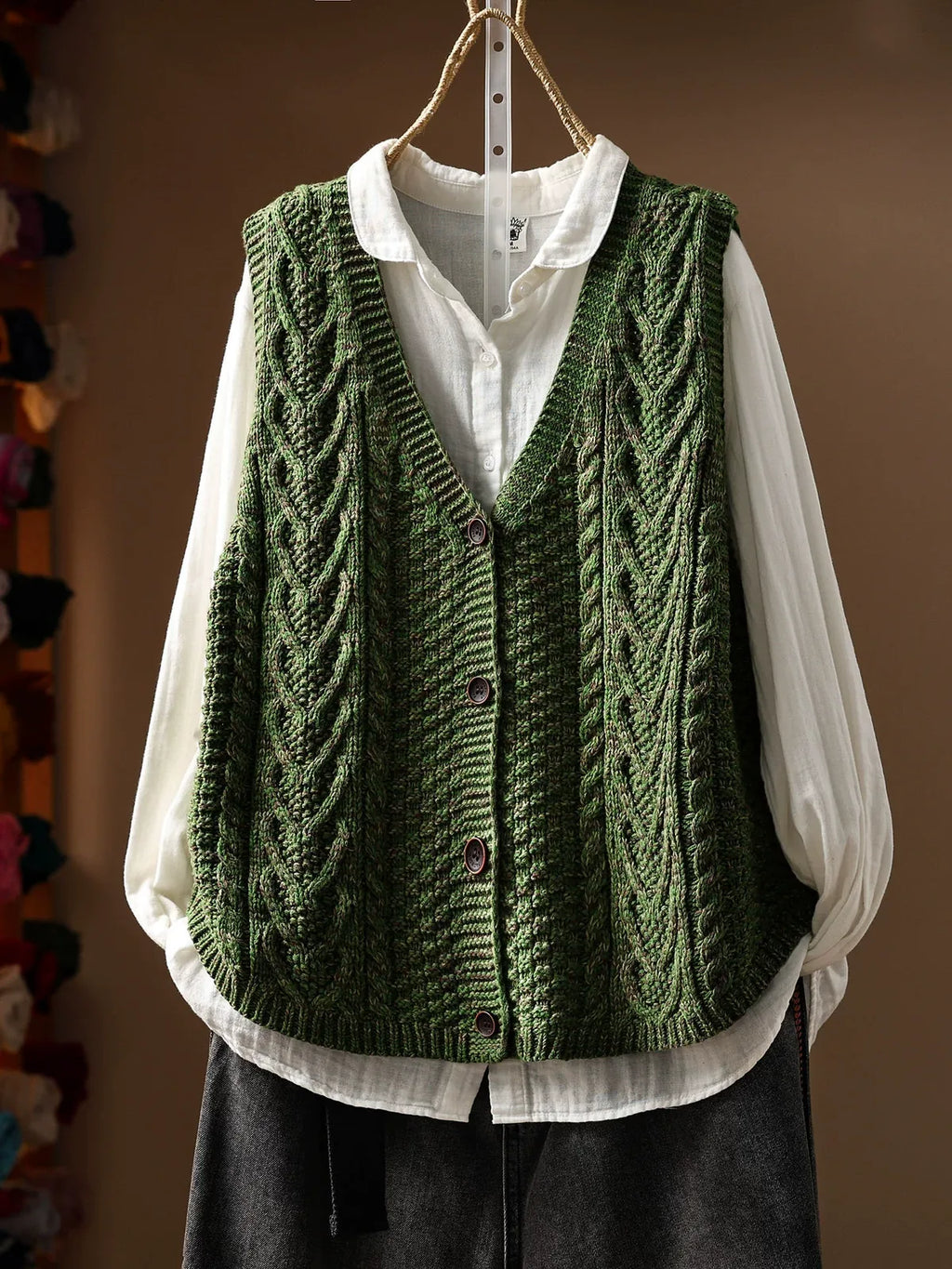 Cable Knit V-Neck Button Front Vest