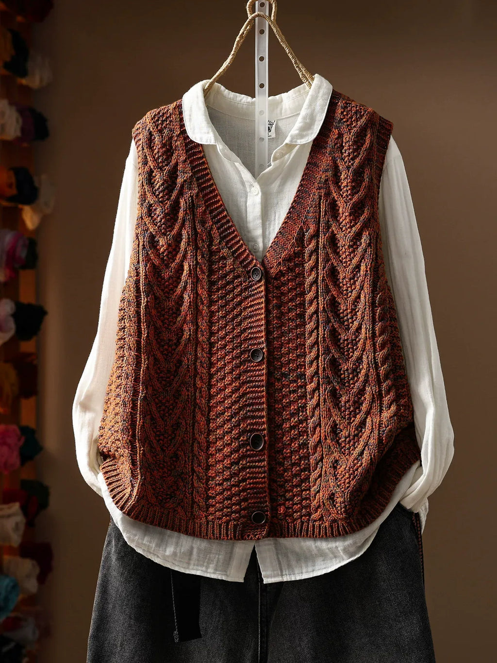 Cable Knit V-Neck Button Front Vest