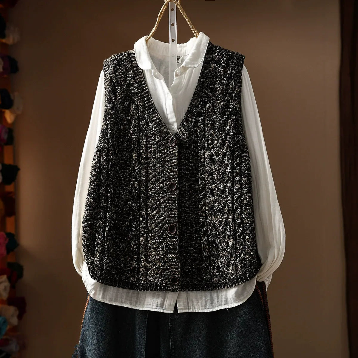 Cable Knit V-Neck Button Front Vest