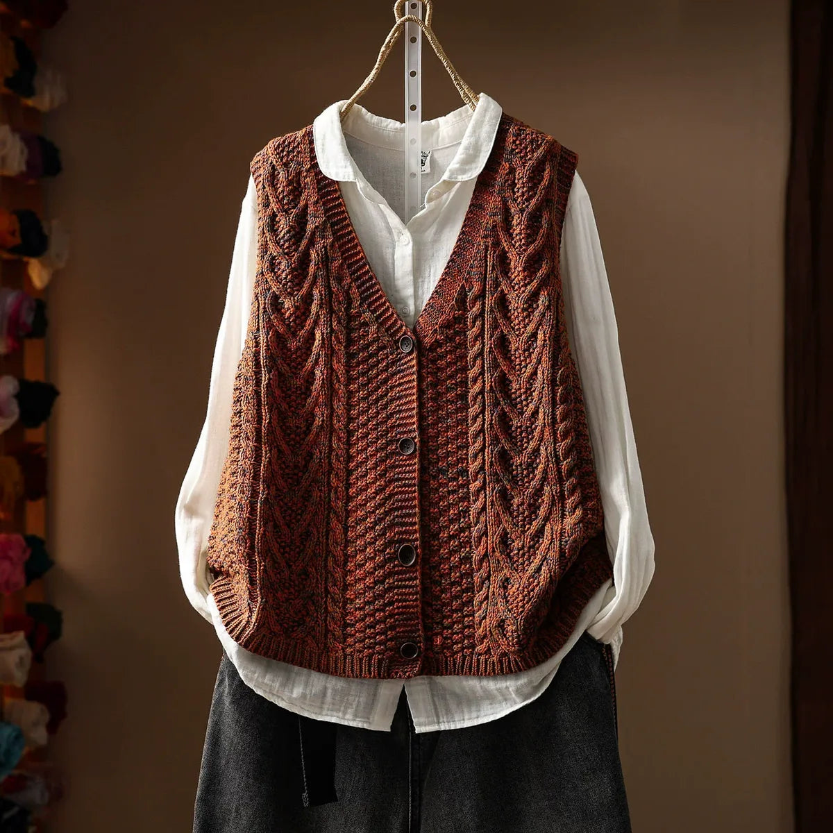 Cable Knit V-Neck Button Front Vest