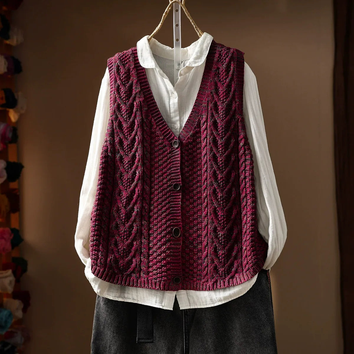 Cable Knit V-Neck Button Front Vest
