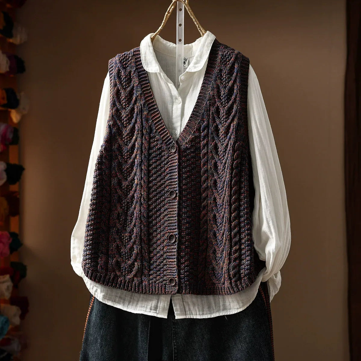Cable Knit V-Neck Button Front Vest