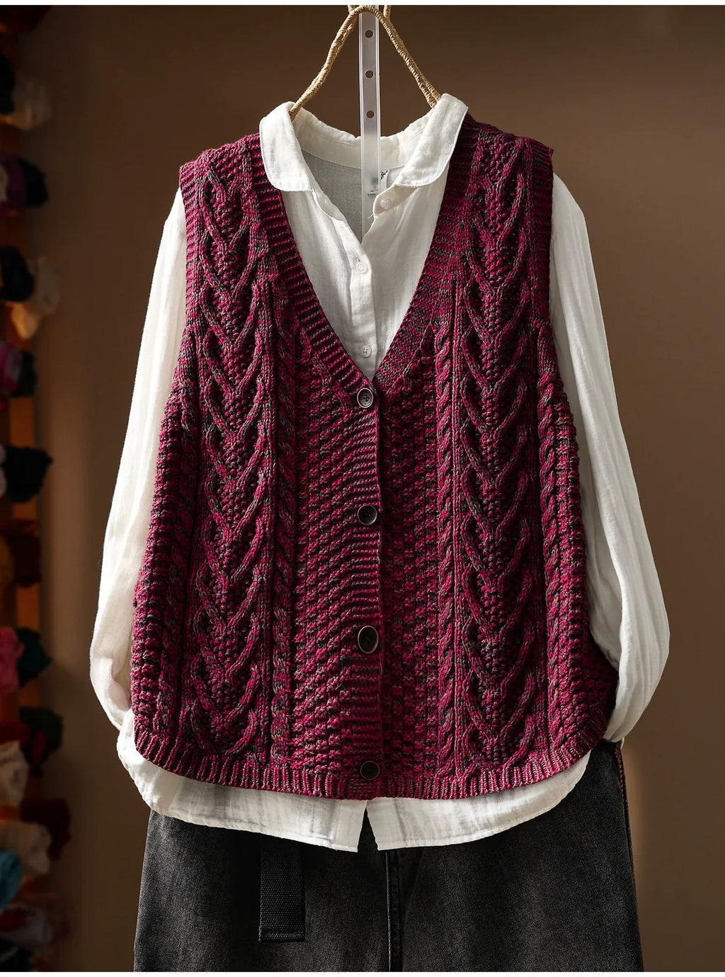 Cable Knit V-Neck Button Front Vest
