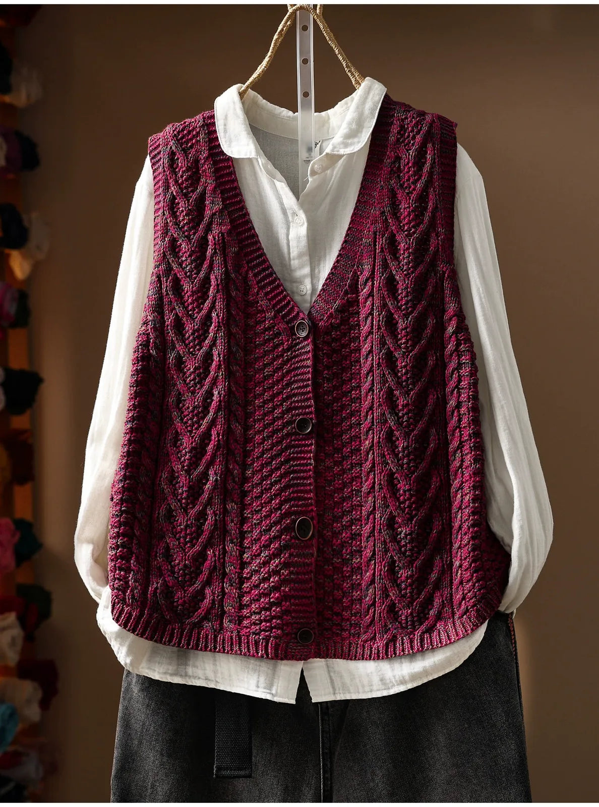 Cable Knit V-Neck Button Front Vest