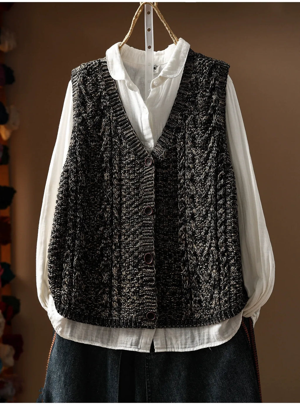 Cable Knit V-Neck Button Front Vest