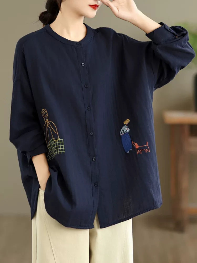 Cartoon Embroidered Double-Layer Cotton Gauze Long Sleeve Shirt