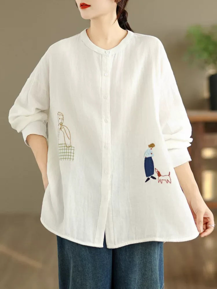 Cartoon Embroidered Double-Layer Cotton Gauze Long Sleeve Shirt