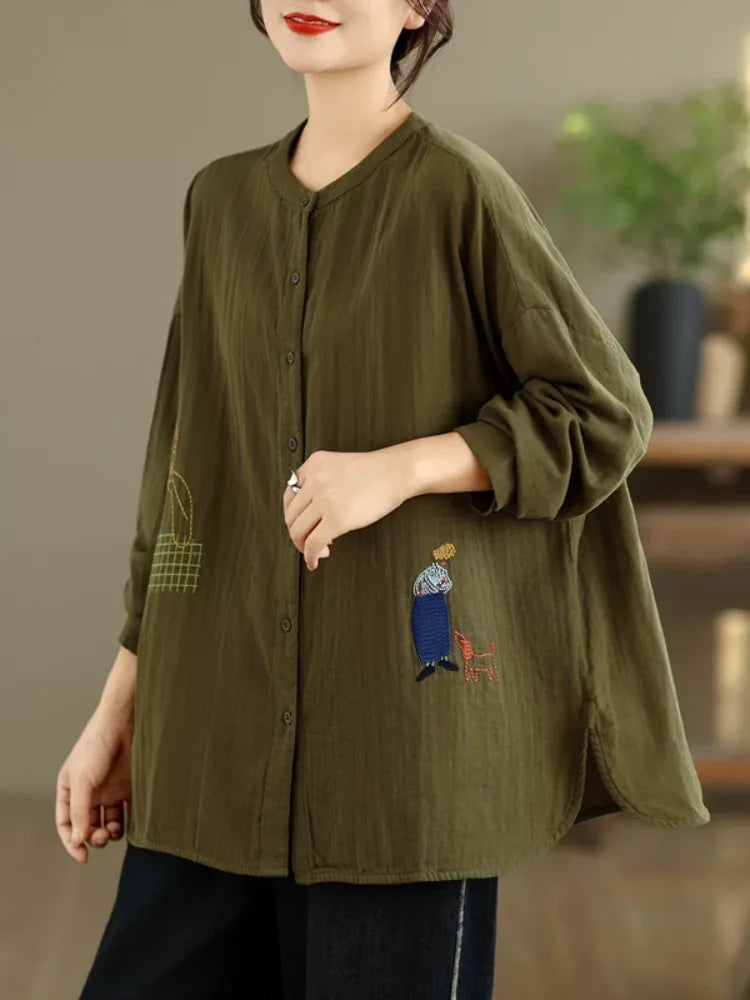 Cartoon Embroidered Double-Layer Cotton Gauze Long Sleeve Shirt