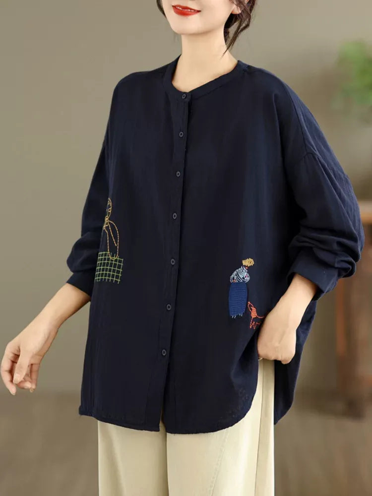 Cartoon Embroidered Double-Layer Cotton Gauze Long Sleeve Shirt