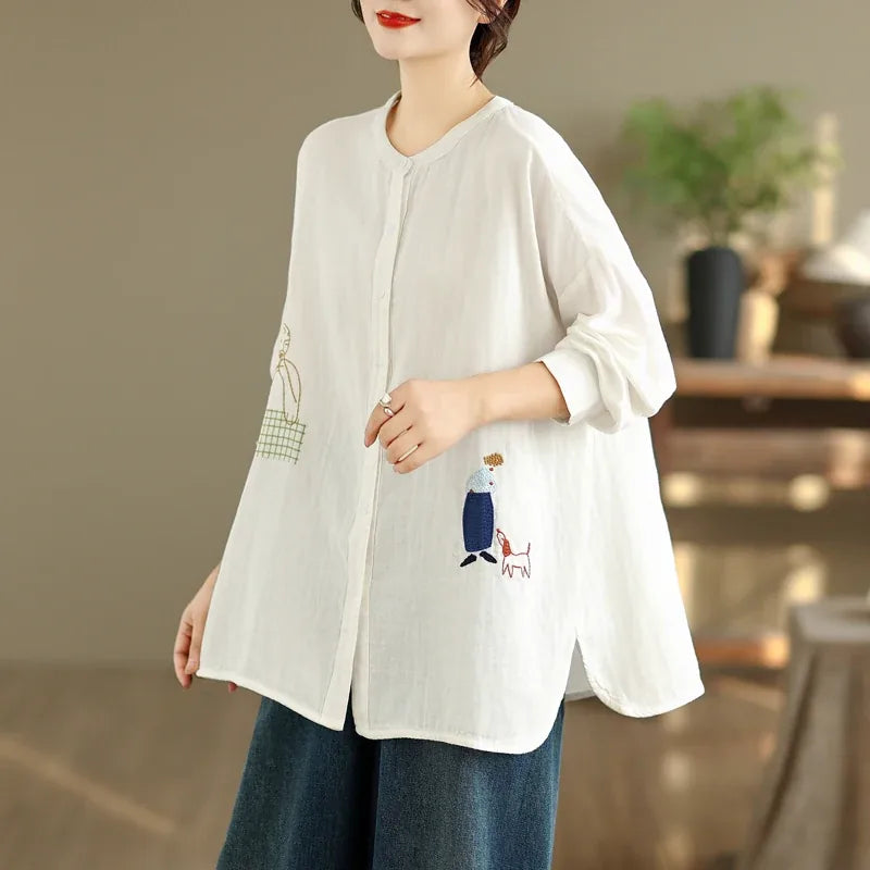 Cartoon Embroidered Double-Layer Cotton Gauze Long Sleeve Shirt