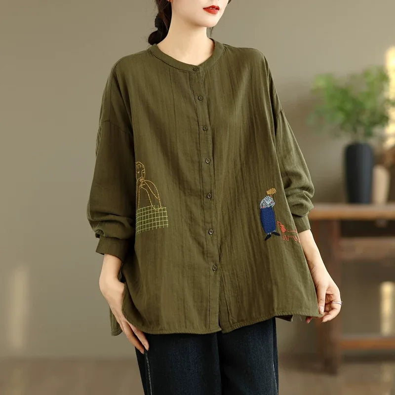 Cartoon Embroidered Double-Layer Cotton Gauze Long Sleeve Shirt
