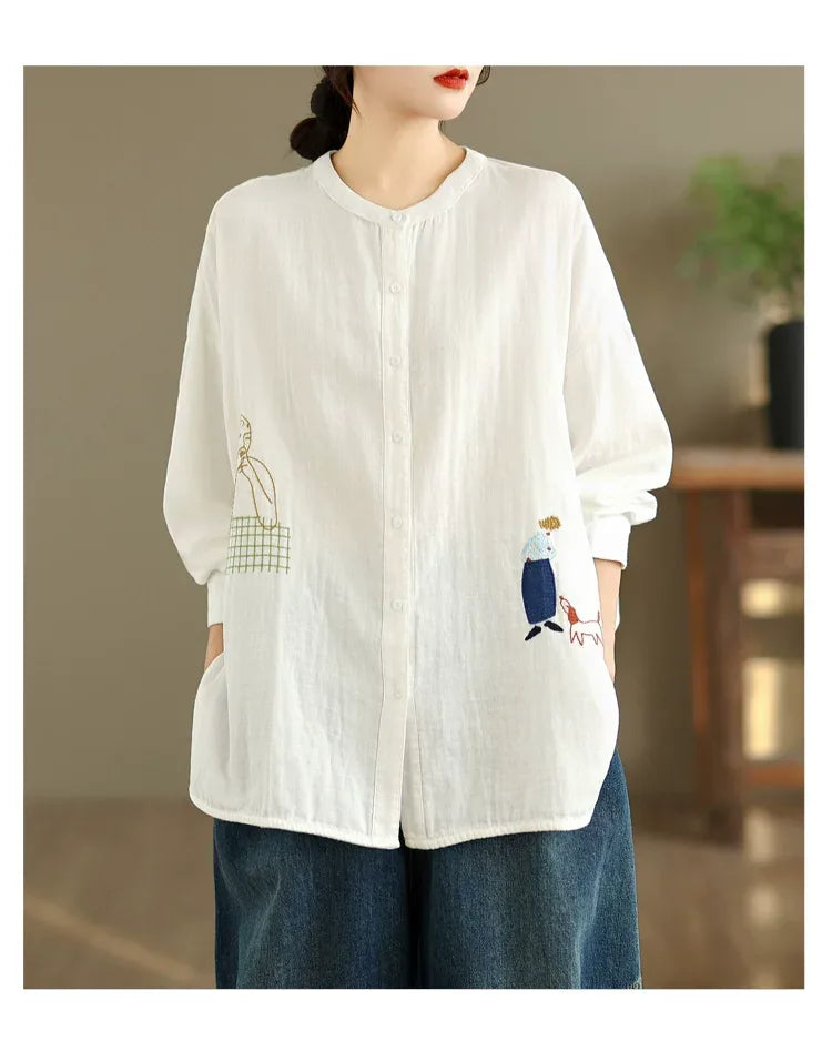 Cartoon Embroidered Double-Layer Cotton Gauze Long Sleeve Shirt