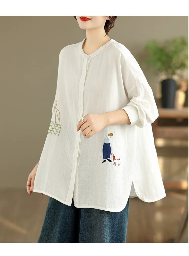 Cartoon Embroidered Double-Layer Cotton Gauze Long Sleeve Shirt