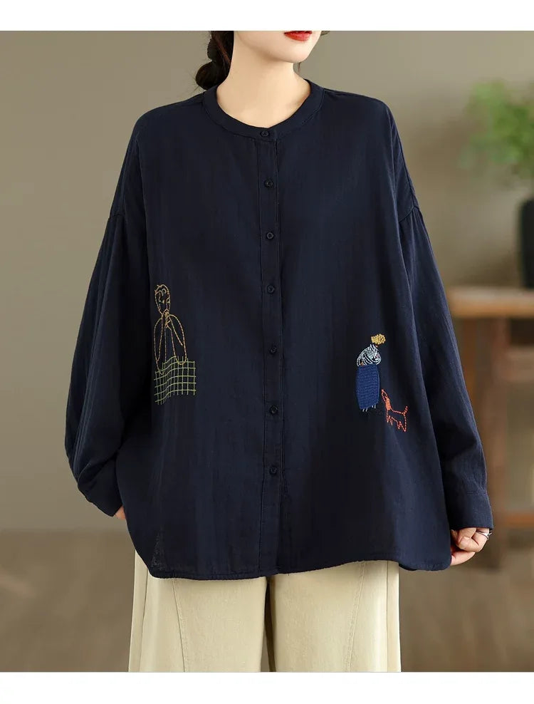 Cartoon Embroidered Double-Layer Cotton Gauze Long Sleeve Shirt