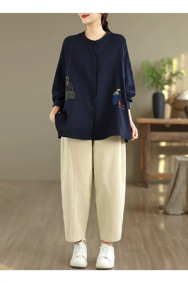 Cartoon Embroidered Double-Layer Cotton Gauze Long Sleeve Shirt