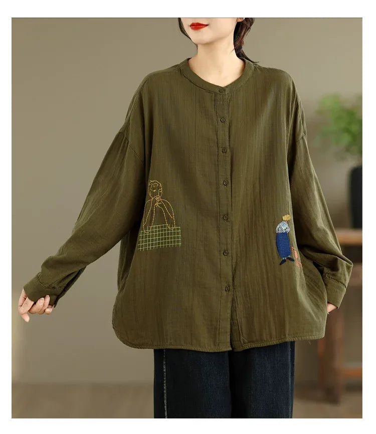 Cartoon Embroidered Double-Layer Cotton Gauze Long Sleeve Shirt
