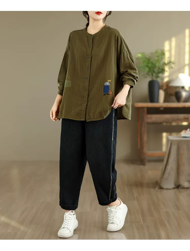Cartoon Embroidered Double-Layer Cotton Gauze Long Sleeve Shirt