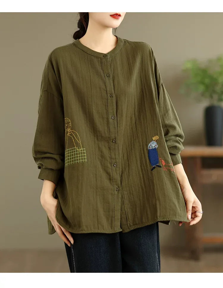 Cartoon Embroidered Double-Layer Cotton Gauze Long Sleeve Shirt