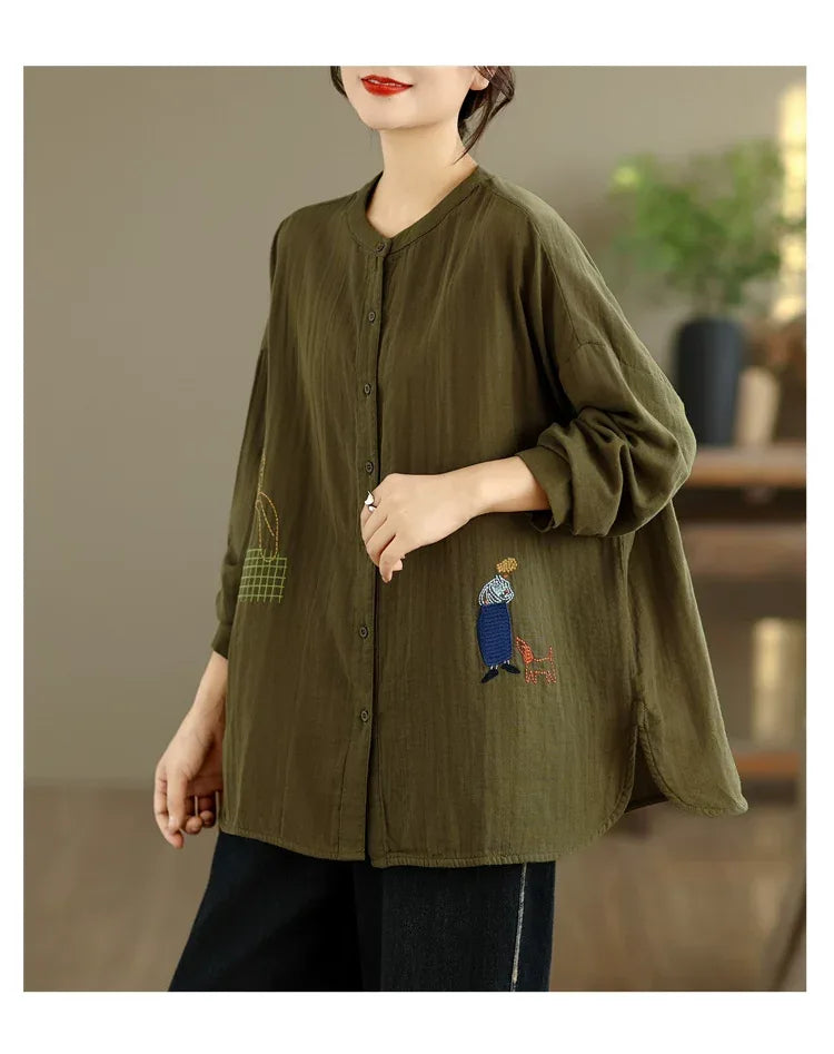 Cartoon Embroidered Double-Layer Cotton Gauze Long Sleeve Shirt