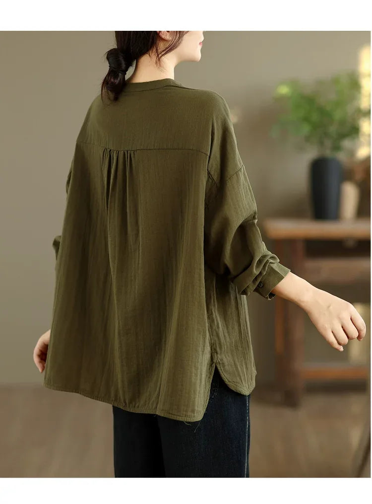 Cartoon Embroidered Double-Layer Cotton Gauze Long Sleeve Shirt