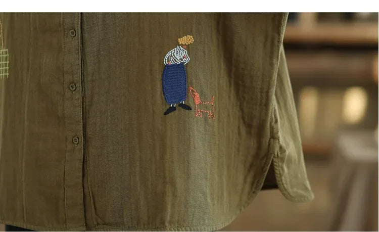 Cartoon Embroidered Double-Layer Cotton Gauze Long Sleeve Shirt
