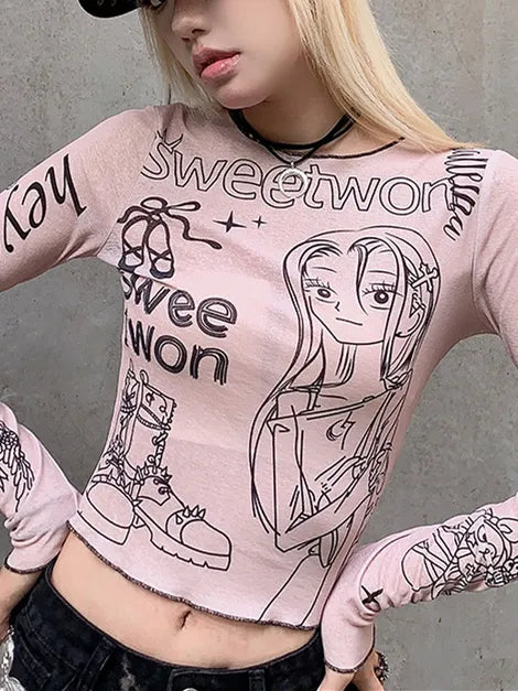 Cartoon Print Crew Neck Long Sleeve Crop Tee