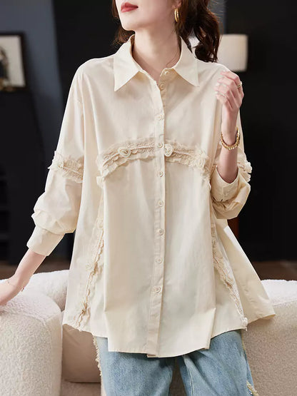 Casual Chic Loose Fit Lace Panel Cotton Blouse