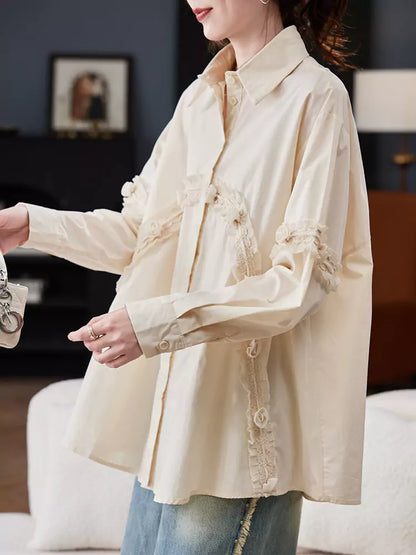 Casual Chic Loose Fit Lace Panel Cotton Blouse