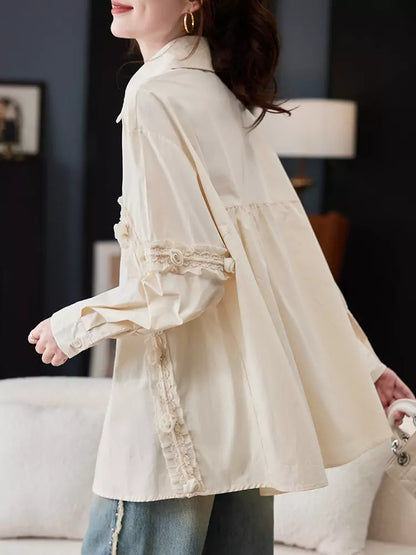 Casual Chic Loose Fit Lace Panel Cotton Blouse