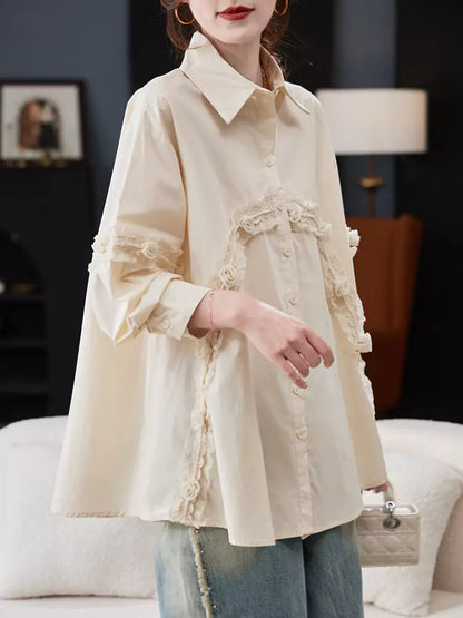 Casual Chic Loose Fit Lace Panel Cotton Blouse