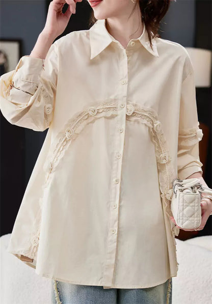 Casual Chic Loose Fit Lace Panel Cotton Blouse