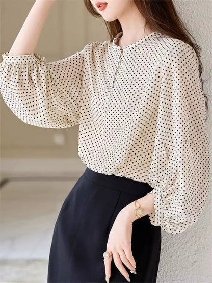 Casual Chic Polka Dot Chiffon Blouse with Lantern Sleeves