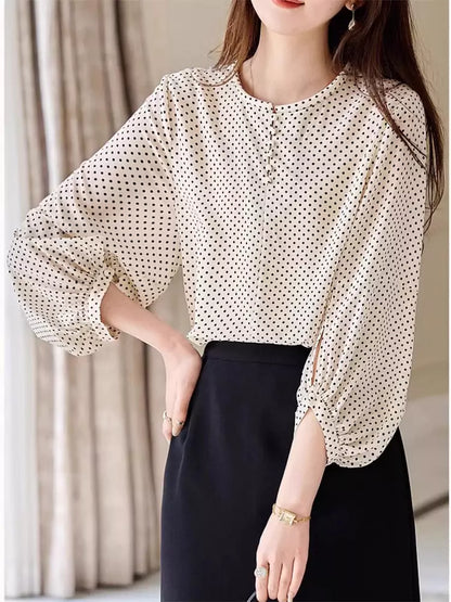 Casual Chic Polka Dot Chiffon Blouse with Lantern Sleeves