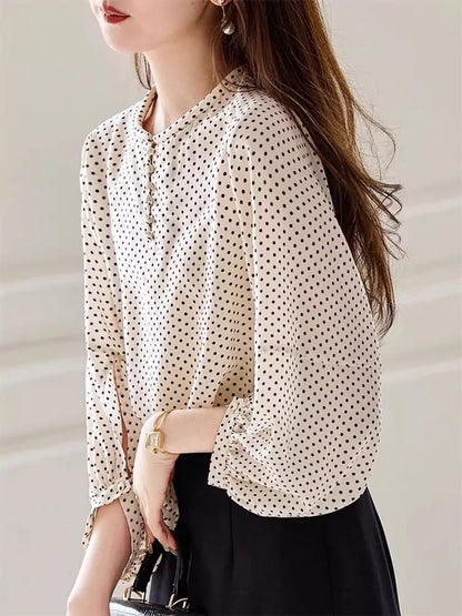 Casual Chic Polka Dot Chiffon Blouse with Lantern Sleeves