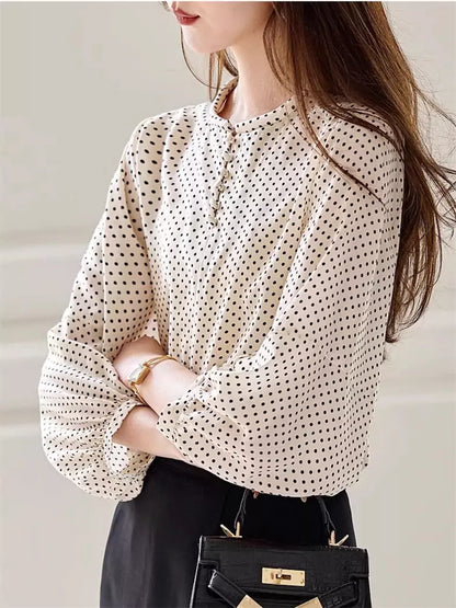 Casual Chic Polka Dot Chiffon Blouse with Lantern Sleeves