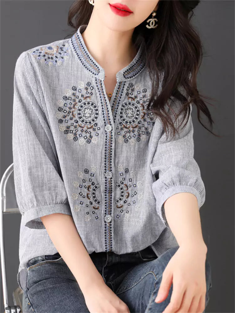 Casual Chic Stand Collar Embroidered Striped 3/4 Sleeve Shirt for Women