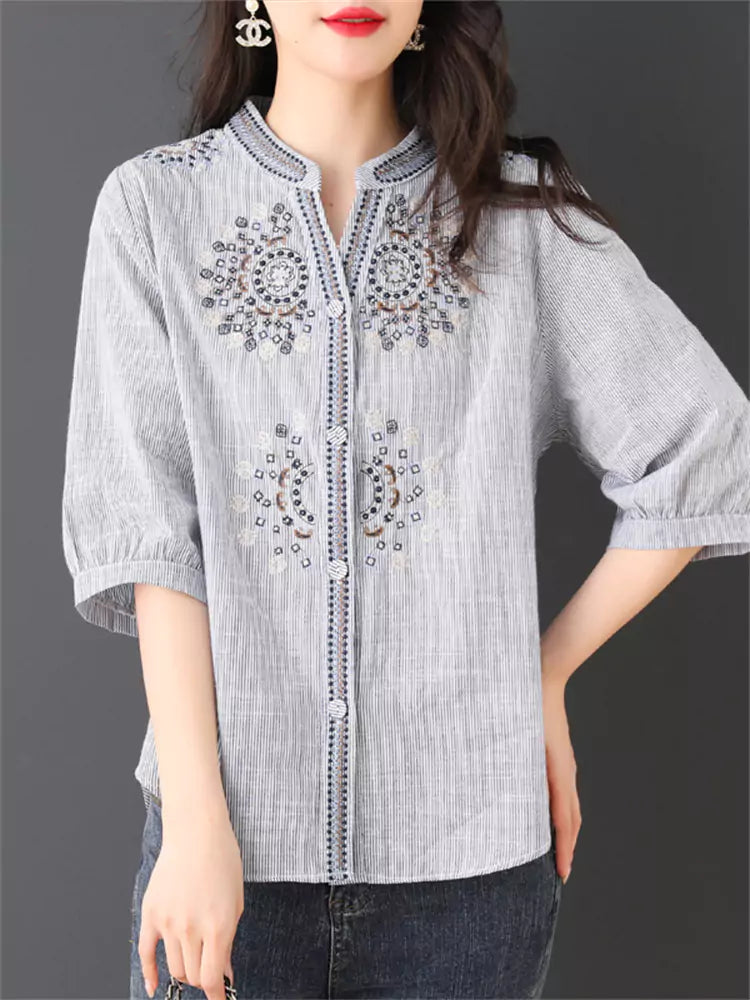 Casual Chic Stand Collar Embroidered Striped 3/4 Sleeve Shirt for Women