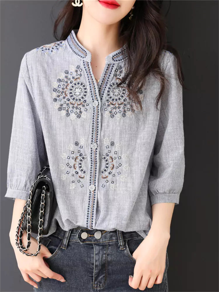 Casual Chic Stand Collar Embroidered Striped 3/4 Sleeve Shirt for Women