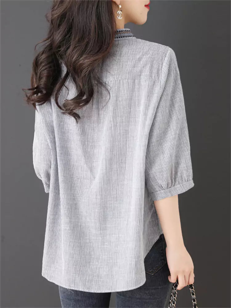Casual Chic Stand Collar Embroidered Striped 3/4 Sleeve Shirt for Women