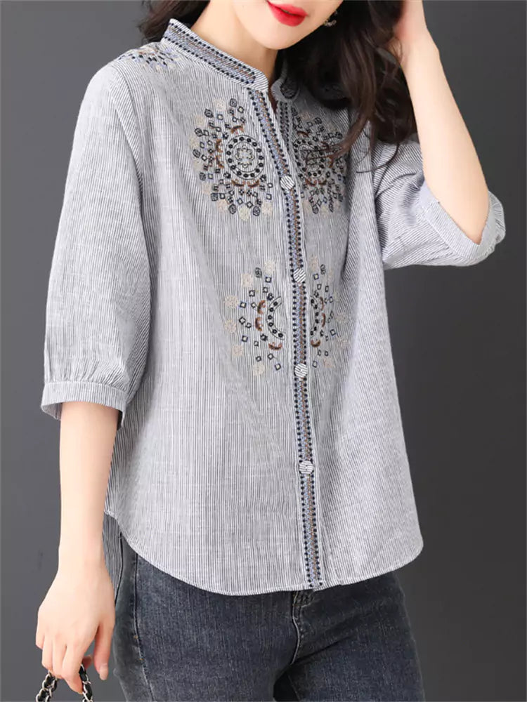 Casual Chic Stand Collar Embroidered Striped 3/4 Sleeve Shirt for Women
