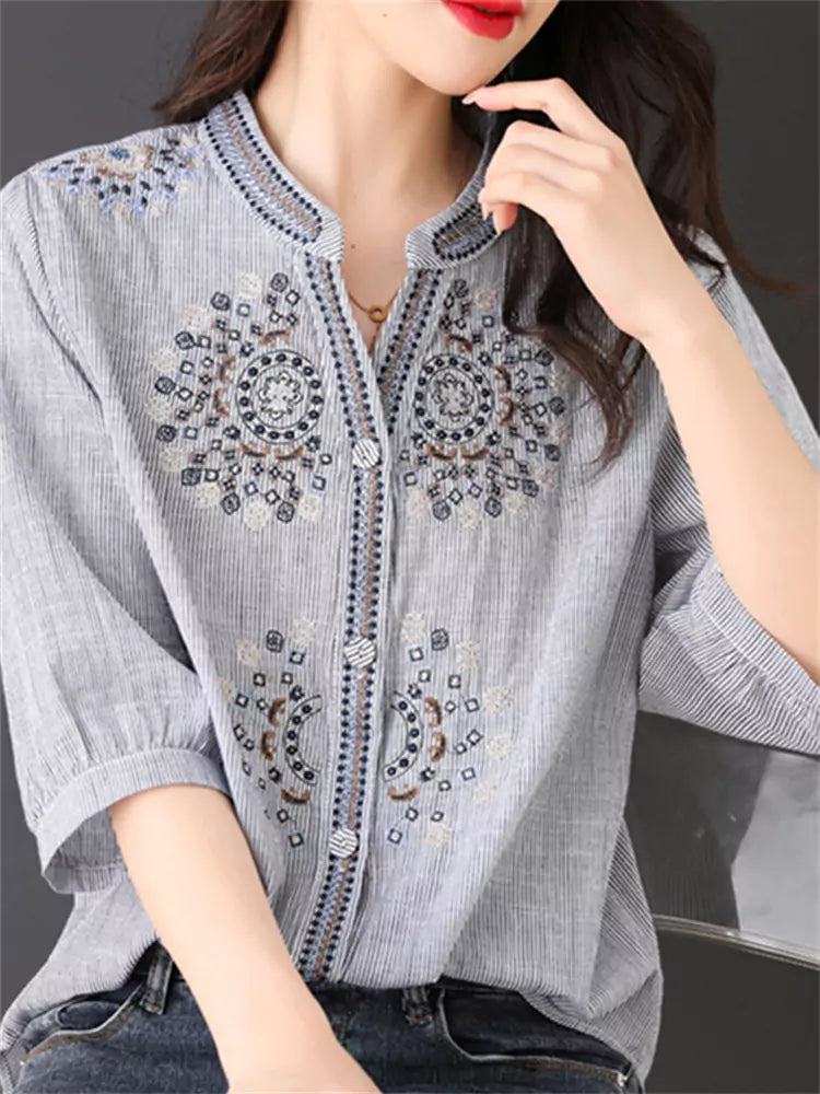 Casual Chic Stand Collar Embroidered Striped 3/4 Sleeve Shirt for Women