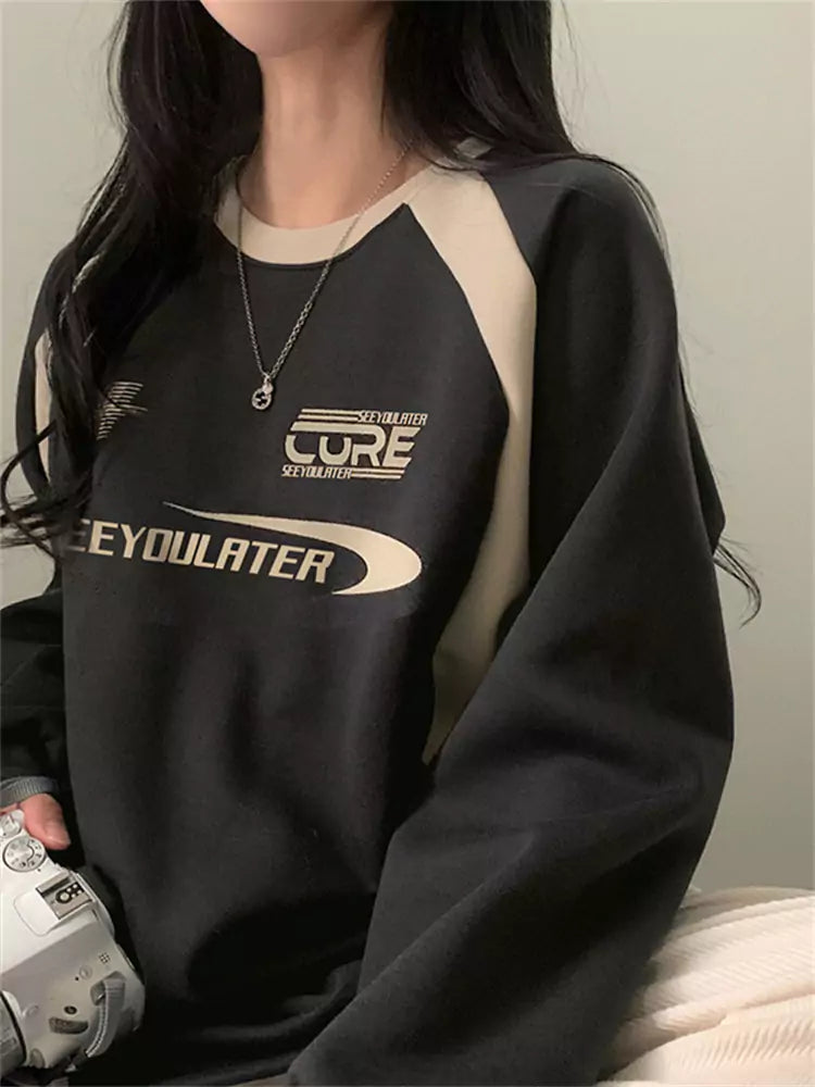 Casual Crewneck Color-Blocked Printed Fleece Sweatshirt