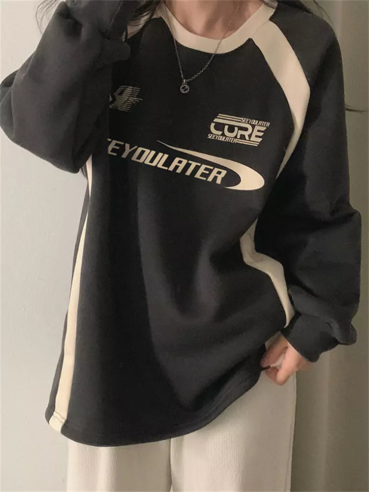 Casual Crewneck Color-Blocked Printed Fleece Sweatshirt