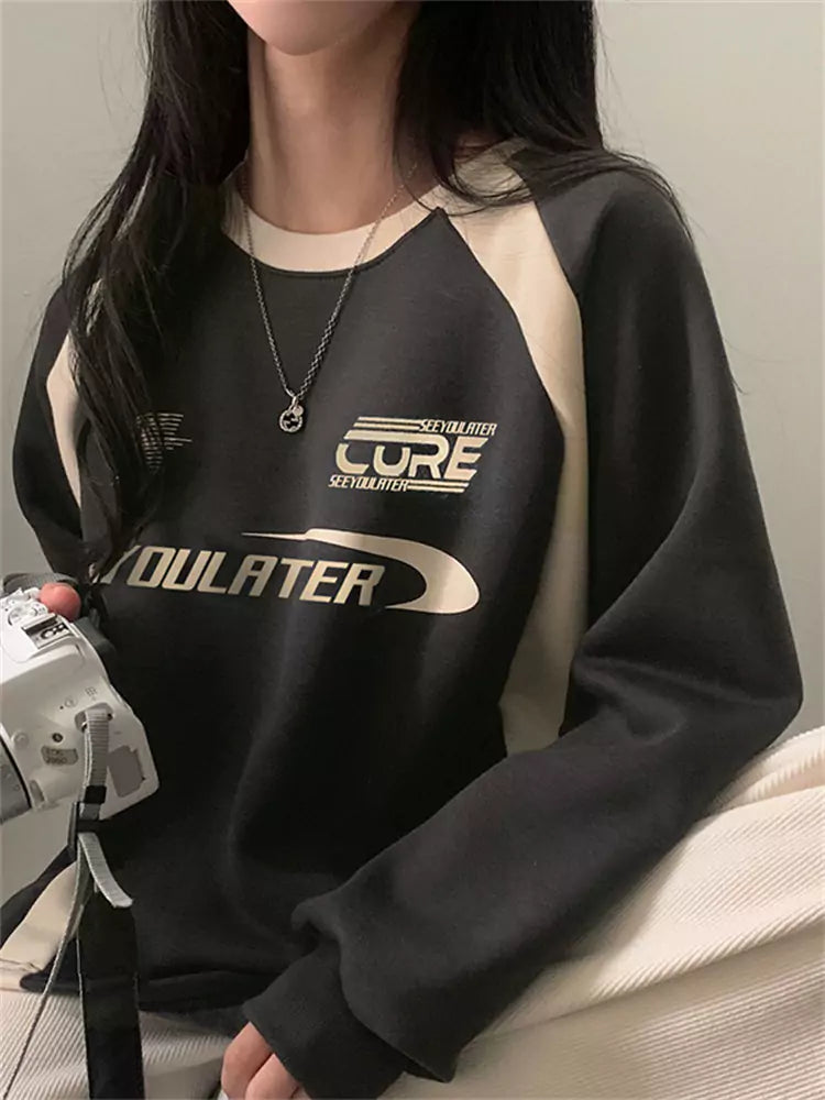 Casual Crewneck Color-Blocked Printed Fleece Sweatshirt
