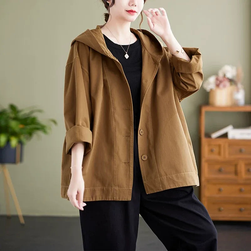 Casual Hooded Cotton Jacket with Dropped Shoulders and Slash Pockets