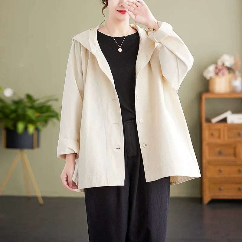 Casual Hooded Cotton Jacket with Dropped Shoulders and Slash Pockets